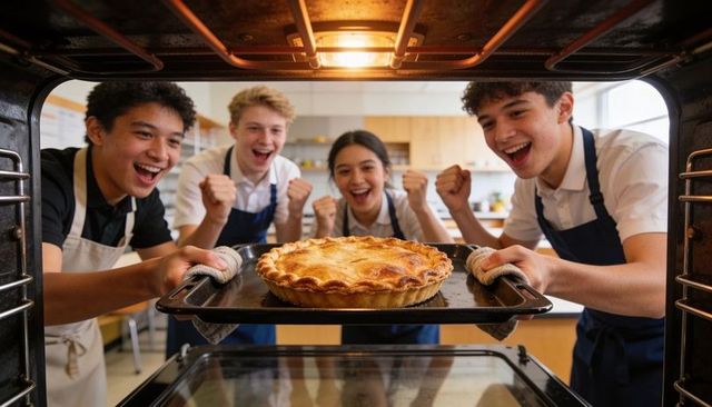 Teens cheering while pulling golden pie from oven in classroom baking lesson celebrating teamwork