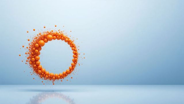 Orange sphere halo ring floating above reflective blue surface, minimal abstract 3d art