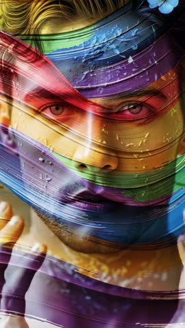 Man Peeling Rainbow Layers Revealing Face in Vertical Abstract Transformation Video