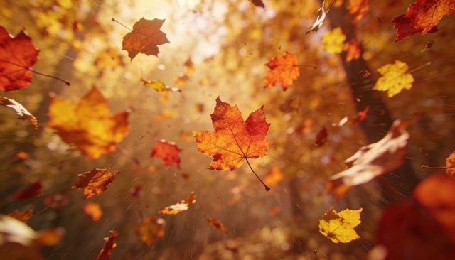 Sunlit autumn maple leaf floating through golden forest bokeh and motion blur