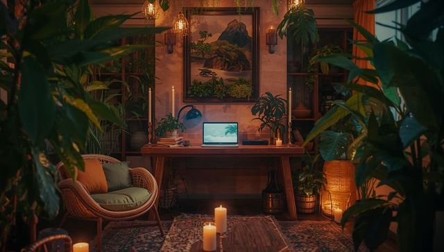 Ambient Home Office with Open Laptop, Plants, and Candlelight