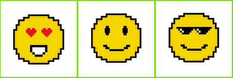 Three pixel emoticons with heart eyes, smile, sunglasses transparent png