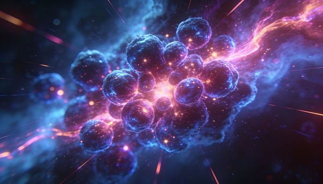 Neon cosmic cluster of glowing spheres pulsing around bright energy core