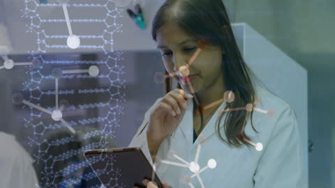 Doctor Analyzing DNA Data on Tablet with Digital Overlay