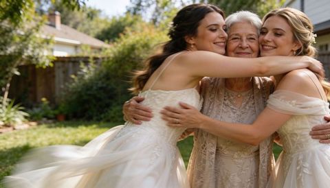 Brides hugging grandmother in sunlit backyard garden celebrating multigenerational love
