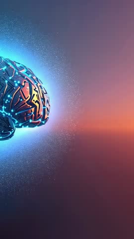 Rotating Cybernetic Brain Drifting Across Gradient Horizon with Pulsing Neon Circuitry