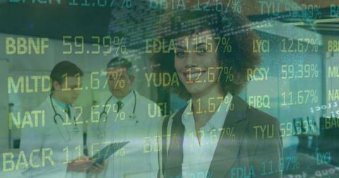 Business Professional Overlaid with Financial Data and Medical Professionals