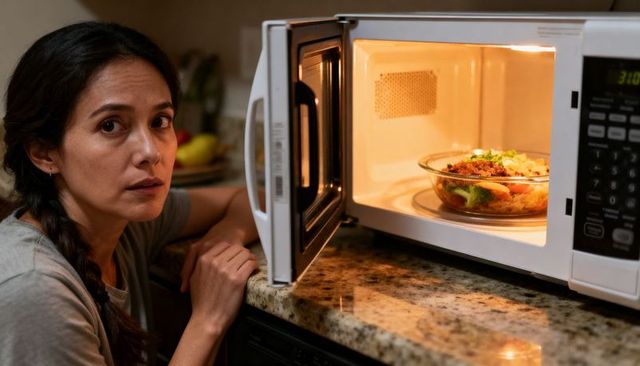 Woman checking microwaved meal on kitchen counter, worried expression, home cooking scene
