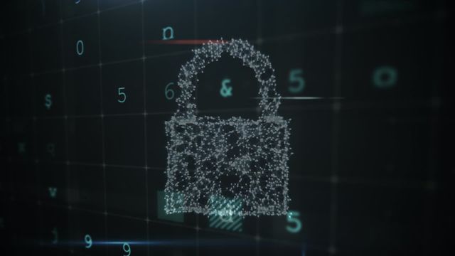 Digital padlock surrounded by streams of data on dark background representing cybersecurity. Ideal for illustrating concepts of data protection, digital security solutions, encryption, and secure communication. Useful for IT security companies, presentations on cybersecurity, technology websites, and articles about data safety.