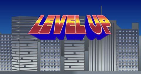 Dynamic level up sign over cityscape background