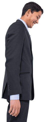 Transparent asian businessman smiling and looking downward