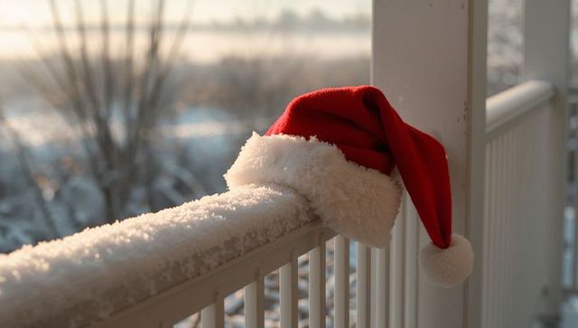 Resting red santa hat on frosted porch railing during golden winter sunrise