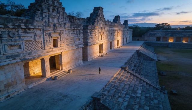 Walking solitary visitor exploring ancient limestone plaza at dusk with lit doorways