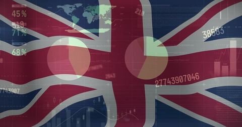 Digital Union Jack Overlayed with Financial Dashboard Graphics