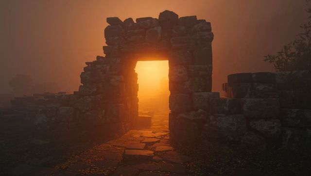 Golden dawn through ancient stone doorway leading along misty flagstone path and warm glow