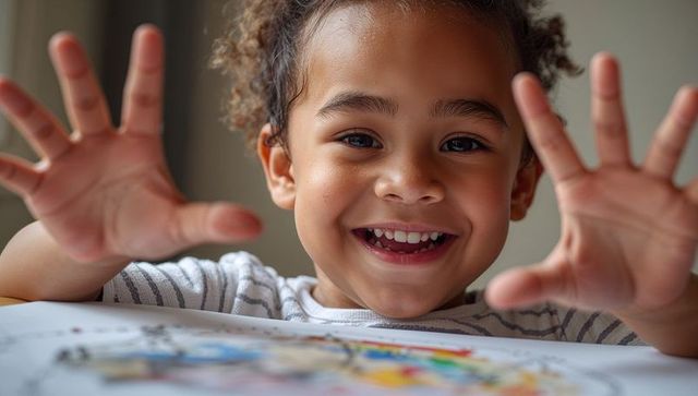 Smiling child reaching hands forward while coloring at low table, joyful closeup portrait