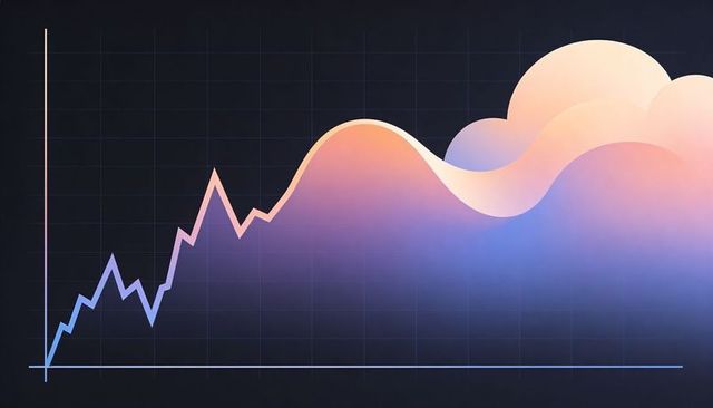 Displaying pastel wave line chart visualizing growth with cloud area overlay on dark grid