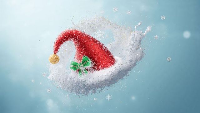 Whimsical floating santa hat with sparkling snow brim and green bow, festive holiday motion