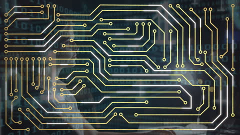 Digital Circuit Overlay on Caucasian Woman in Abstract Technology Background