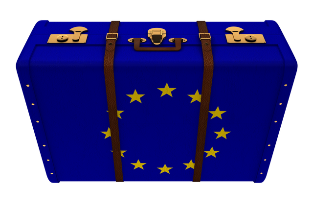 Drawne suitcase with European Union flag in blue background presenting travel aspect. - Download Free Stock Videos Pikwizard.com