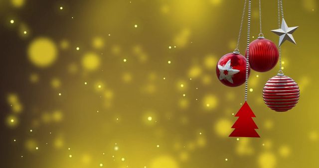 The image depicts festive red baubles hanging against a sparkling golden blurred background, evoking the spirit of Christmas and holiday celebrations. This can be used in holiday marketing materials, greeting cards, or festive event invitations to add a touch of elegance and warmth.