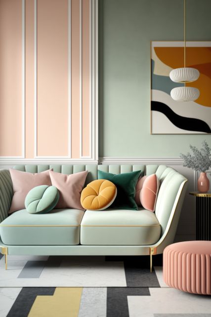 This modern living room features pastel furniture paired with geometric decor elements, creating a trendy and cozy atmosphere. The stylish sofa adorned with decorative pillows exudes comfort and elegance, while the abstract painting on the wall adds a sophisticated touch. Ideal for design magazines, home decor websites, and marketing materials showcasing contemporary interiors and minimalist design trends.