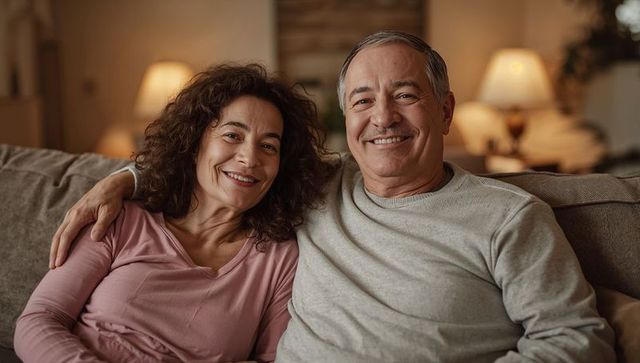 Smiling senior couple cuddling on sofa in cozy living room with warm lamps and comfort
