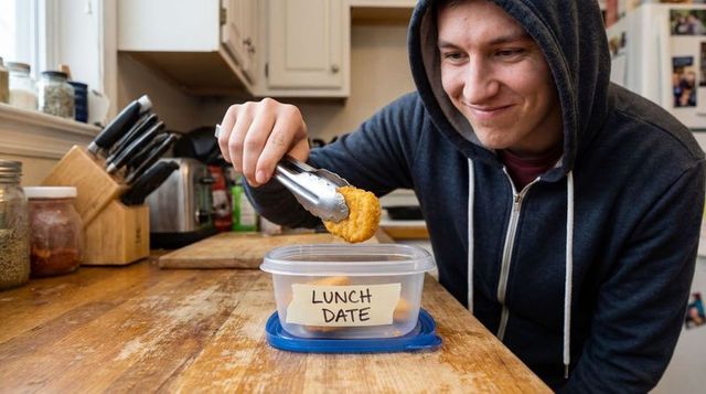 Smiling man placing nugget into labeled lunch container 'lunch date' for meal prep