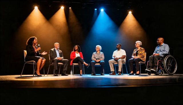 Community panel discussing inclusion and accessibility under dramatic stage lighting