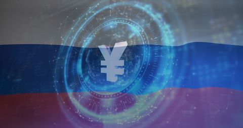 Yen symbol overlaid on russian flag with digital effects