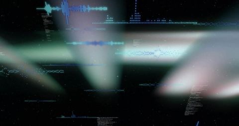 Glowing data stream projecting cyan and blue waveform traces over dark futuristic HUD
