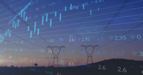 Electricity towers blending with digital market data at dusk
