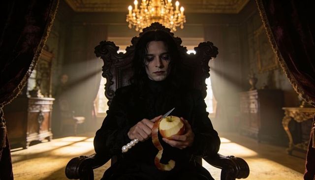 Brooding noble peeling apple with pearl-handled knife while sitting on ornate throne in baroque hall
