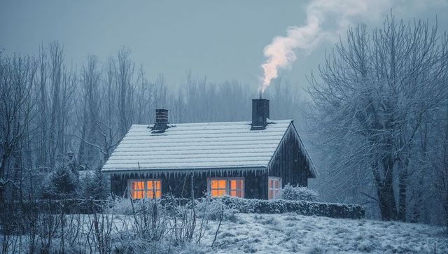 Snow-covered wooden cabin with glowing windows and smoking chimney in winter twilight