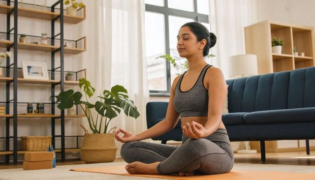 Woman meditating on orange yoga mat in bright living room with plants and calm expression