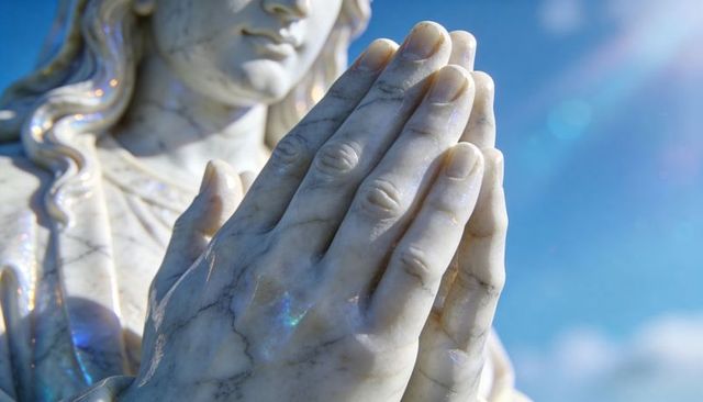 Sunlit marble hands praying sculpture close-up with serene blue sky bokeh veined marble detail