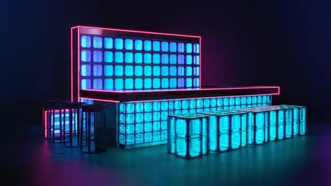 Shifting Camera Revealing Cyan-Panel Modular Neon Sculpture with Magenta Edge Glow