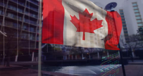 Canadian Flag and Digital Financial Data in Urban Setting