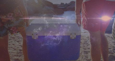Two men carrying blue and white cooler on sunny beach with lens flare