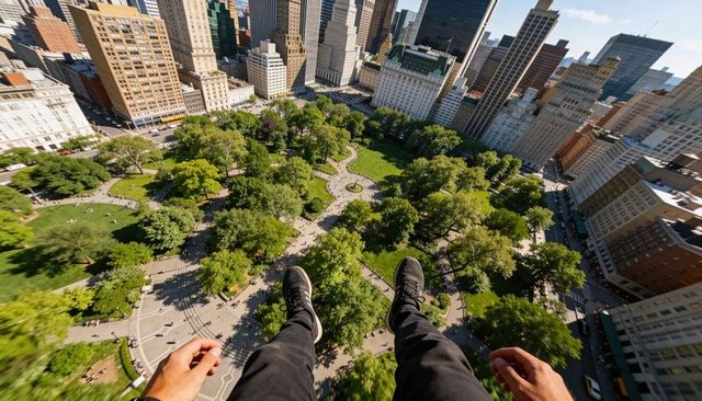 Dangling legs over urban park from high ledge pov showing city skyline and greenery