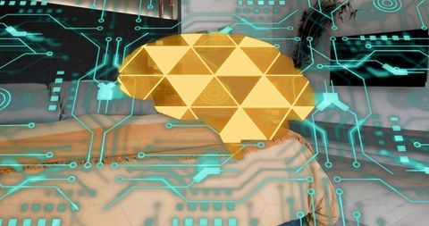 Golden faceted brain hologram floating above minimalist bedroom with cyan circuitry overlay