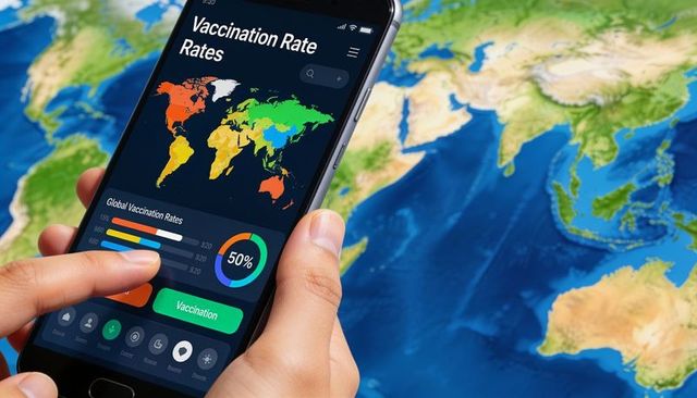 Hand holding smartphone displaying global vaccination dashboard with interactive map 50%