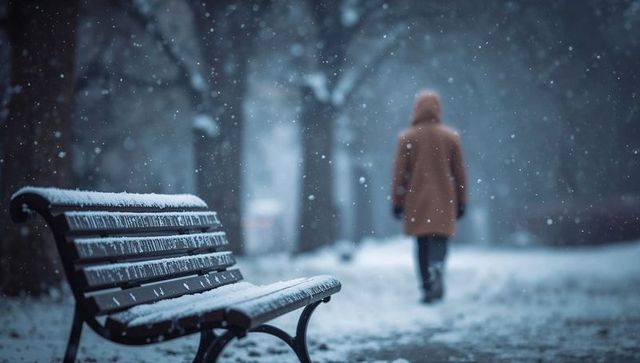 Walking solitary figure on snowy park path at dusk with hooded coat and empty bench