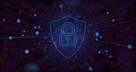 Neon Blue Padlock and Shield Icon Representing Cybersecurity