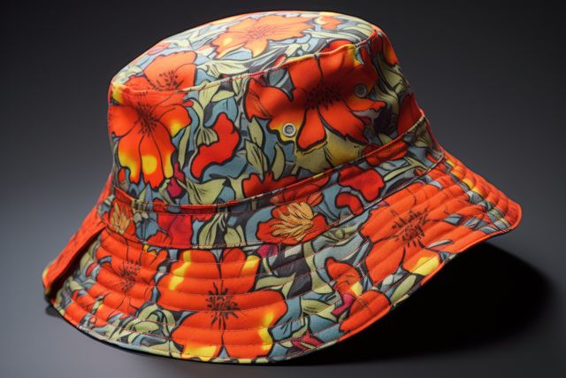 Bucket hat with colourful flowers on black background, created using generative ai technology. Fashion, hats and headwear concept digitally generated image.