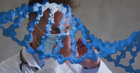 Doctor Adjusting Mask with Digital DNA Strand Overlay in Medical Setting