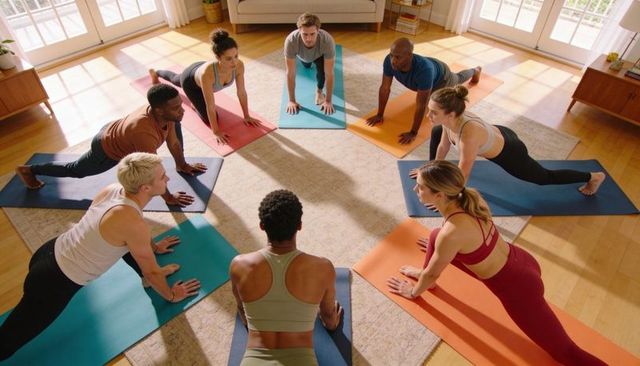 Holding plank together group practicing yoga in sunlit home studio with colorful mats