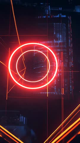 Animating neon red rings and extending grid on futuristic circuit interface vertical video loop