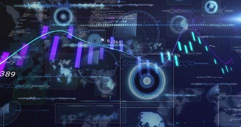 Streaming holographic finance dashboard visualizing global market analytics with HUD elements