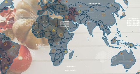 Translucent world map overlaying pale wood with data markers, warning icons, layered produce